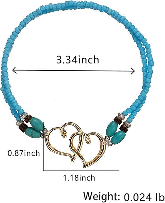 Elastic Beaded Ankle Bracelets for Women Double Heart Layered Stretch Ankle Bracelets Waterproof Dainty Boho Beaded Anklets for Summer Beach Foot Jewelry