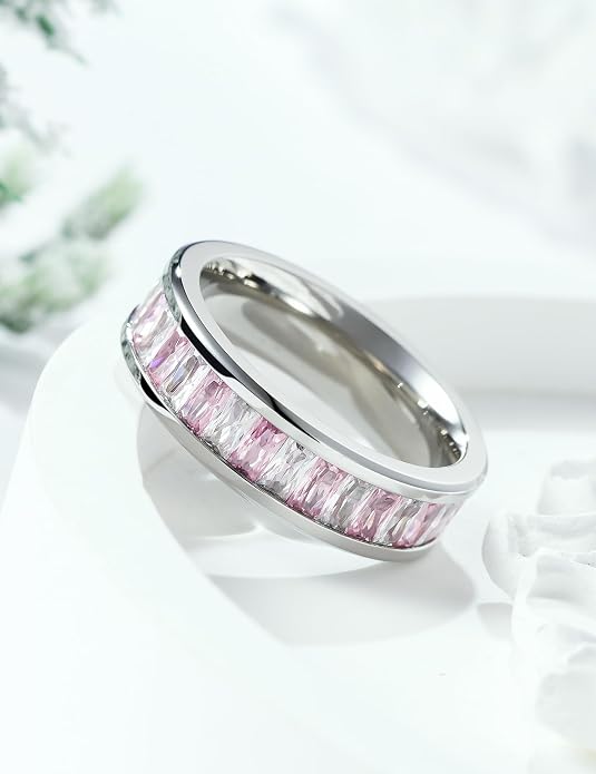 King Will 6mm 316L Stainless Steel Eternity Ring for Women, Colorful Baguette-Cut Cubic Zirconia Stackable Band, Pipe Cut Anniversary Engagement Ring Comfort Fit, Size 6-10