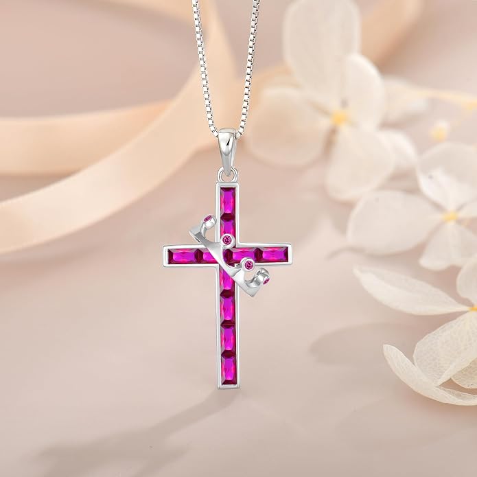 Gemstone Crown Cross Necklaces for Women, 925 Sterling Silver Rectangular cut Zircon Pendant With Rotated Crown Faith Cross Jewelry Gift