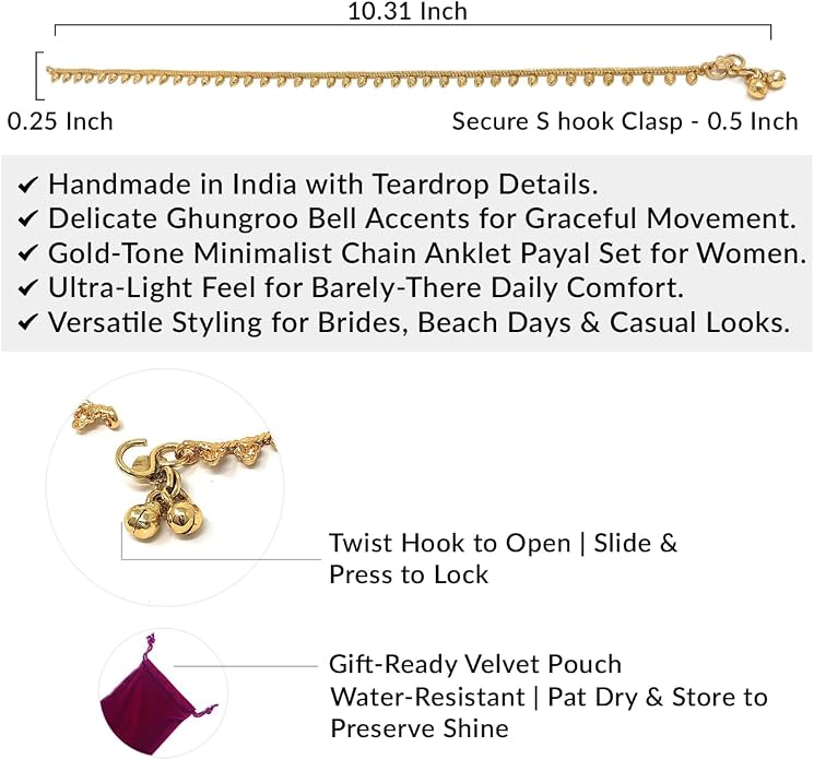 Duel On Jewel Gold Payal Set for Women, Indian Paayal Jhanjar Chain Anklets with Bell Detail, Foot Jewelry Pair, 10 Inch Comfort Fit, Traditional & Dainty Styles for Wedding Beach Everyday Gift