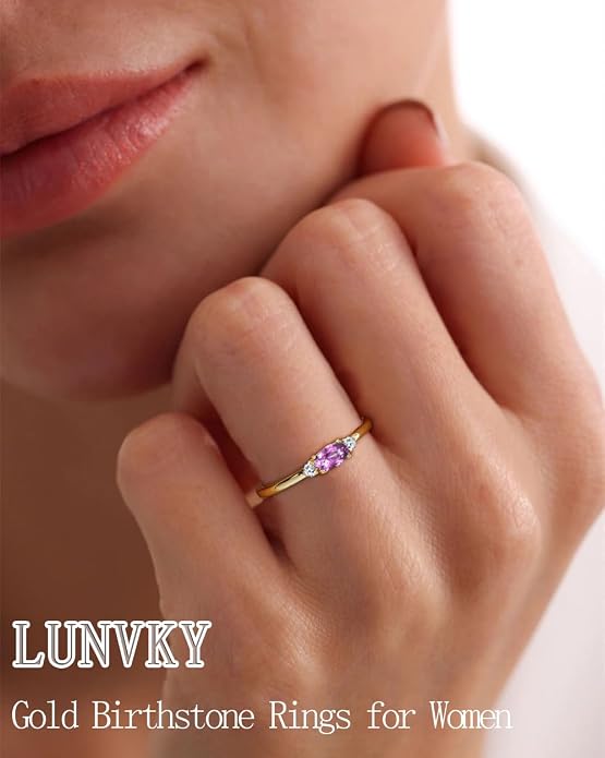 Lunvky 14k Gold Plated Birthstone Rings for Women Teen Dainty Stackable Pinky Rings Non Tarnish CZ Emerald Green Gemstone Thumb Finger Band Ring Cute Jewelry Birthday Gift Size 6-11