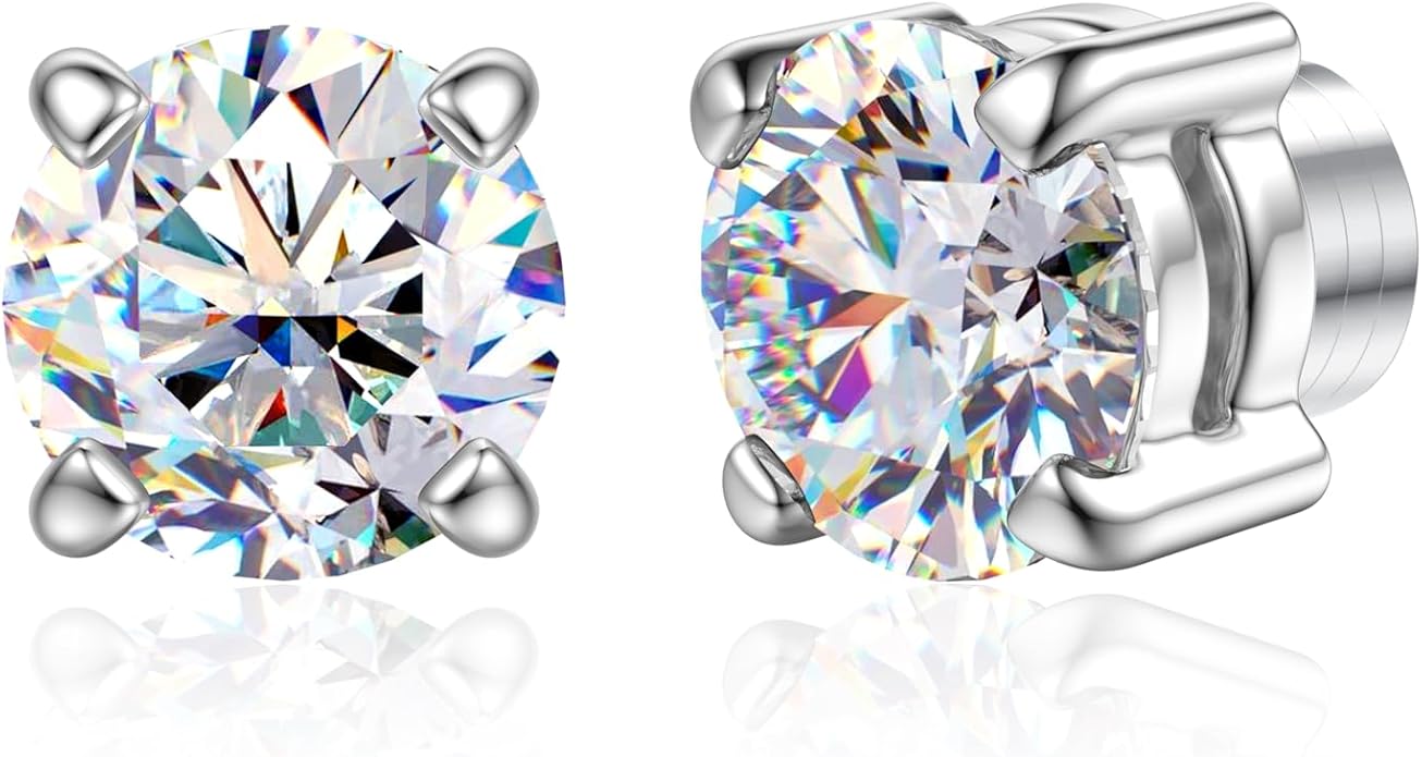 GEMQUEEN Moissanite Magnetic Earrings for Men Women : 18K White Gold Plated Hypoallergenic Stainless Steel Non Piercing Clip on Fake Earrings Studs Dainty Moissanite Earring Jewelry D Color VVS1