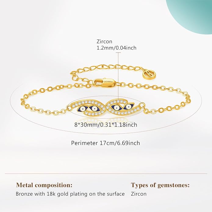 Cicy Bell Evil Eye Bracelets 18k Gold Plated Turquoise Zirconia Link Bracelets Trendy Jewelry Gift for Women Adjustable 5.9" with 1.9'' Extender
