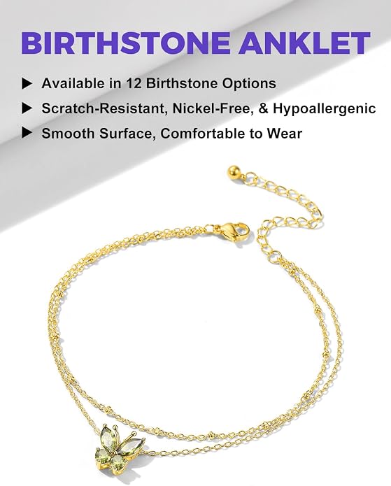 Richsteel Double Layer Heart/Butterfly Birthstone Anklet for Women Non Tarnish Waterproof, Silver/Gold/Black Stainless Steel 8.5-10.5 Inch Adjustable Chain Anklets Jewelry Gifts for Her
