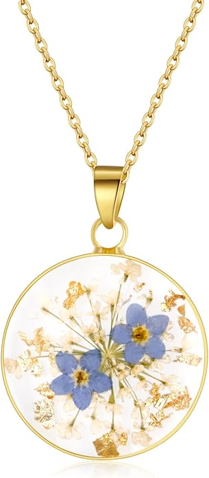 AUNTESIGN Forget-Me-Not and Queen Anne's Lace Pressed Wildflower Necklace | Birth Month Flowers Necklace | Gold/Silver Pressed Flower Jewelry | Mother's Day | Gift For Her