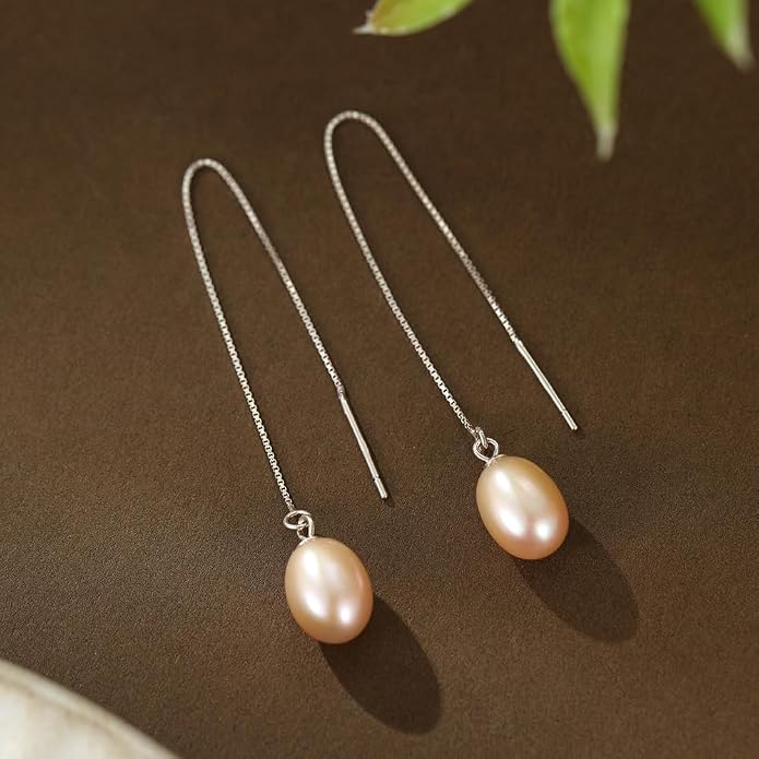 JaruJaru Vermeil Chain Freshwater Pearl Earrings for Women, Gold Threader Earrings, Gold plated on S925 Sterling Silver, Hypoallergenic Thread Through Dangle Earrings