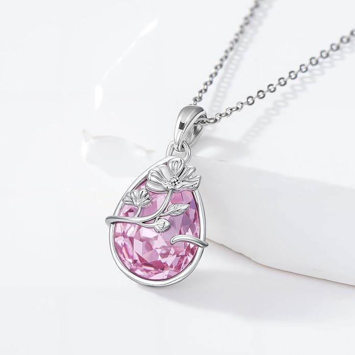 925 Sterling Silver Birth Flower Necklace with Teardrop Shaped Birthstone - 12 Colors, 12 Kinds of Flower - Ideal Birthday Jewelry Gift for Women, Mothers, Daughters & Wives