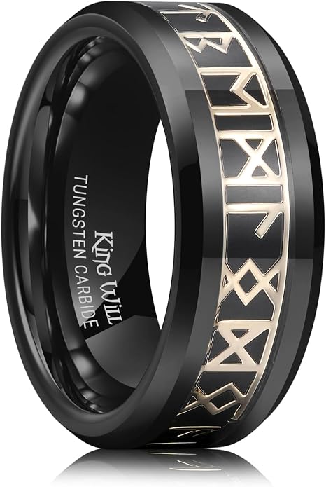 King Will Tungsten Carbide Wedding Band for Men - 8mm Black/Silver/Gold Plated with Norse Viking Rune & Hawaii Koa Wood Inlay Mens Ring, Polished Beveled Edge for Daily Wear, Comfort Fit Size 7-14