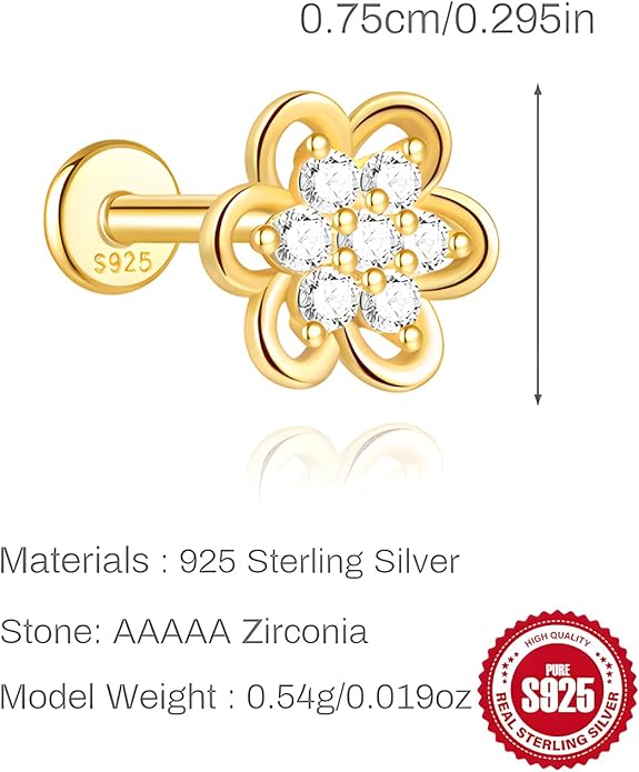 925 Sterling Silver Flower Cartilage Earring for Women 14K Gold Plated Flat Back Helix Tragus Conch Stud Internally Threaded Dainty CZ Floral Labret Piercing Jewelry