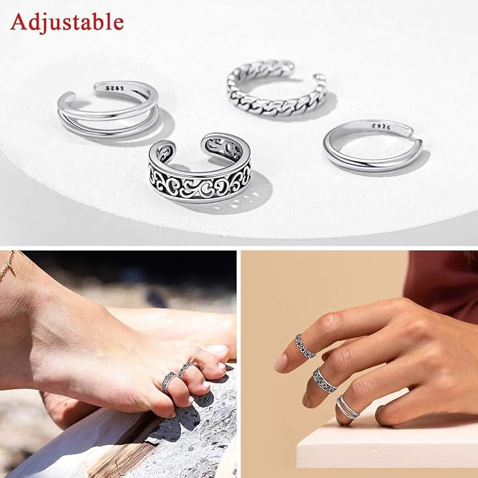 ChicSilver 925 Sterling Silver Toe Ring Minimalist Hypoallergenic Adjustable Band Ring Summer Beach Bare Foot Jewelry