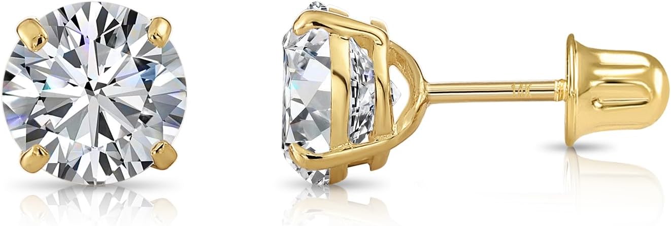 14k Yellow Gold Solitaire Round Cubic Zirconia Stud Earrings in Secure Screw-backs