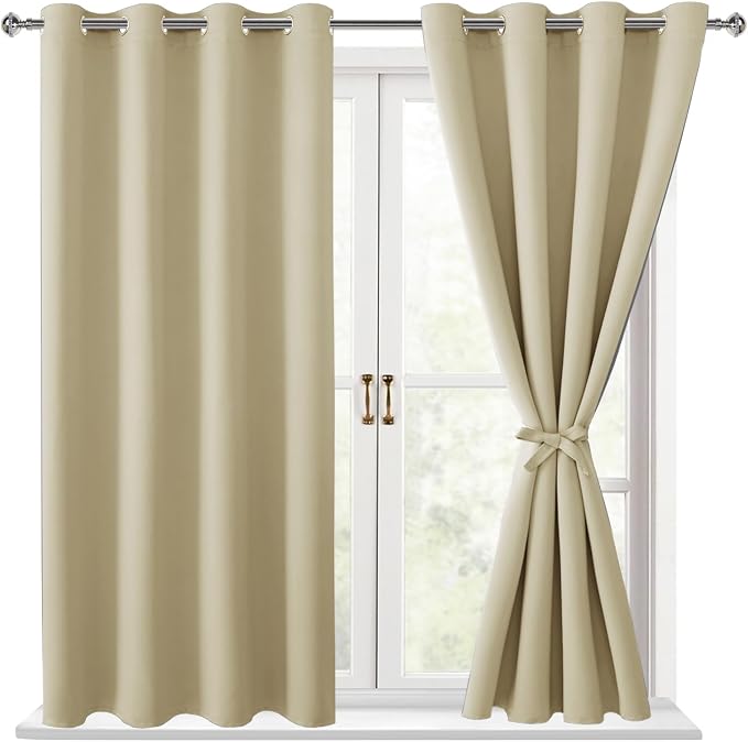 Hiasan Blackout Curtains for Bedroom, 52 x 63 Inches Length - Thermal Insulated & Light Blocking Window Curtains for Living Room, 2 Drape Panels Sewn with Tiebacks, Light Beige
