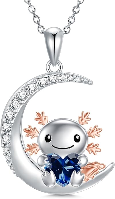 PROESS Animal Birthstone Necklace 925 Sterling Silver Otter/Axolotl/Hippo/Elephant/Dachshund/Monkey/Red Panda Pendant Necklace Animal Birthstone Jewelry Gifts for Women