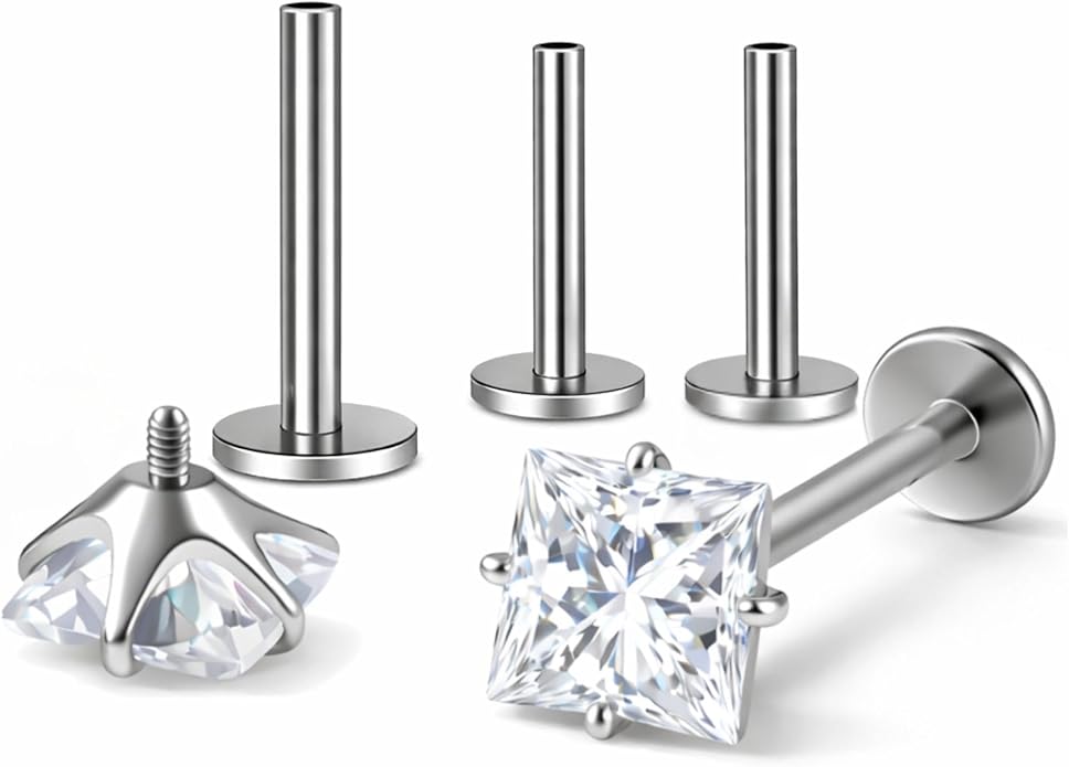 Titanium Princess Cut Labret Stud Earrings for Piercings by Ginger Lyne Solitaire Cz 6Pc Set G23 Screw Front Flat Back Body Jewelry 2 pair post 6mm, 8mm Cartilage, Helix, Tragus, Lip, Conch, Lobe