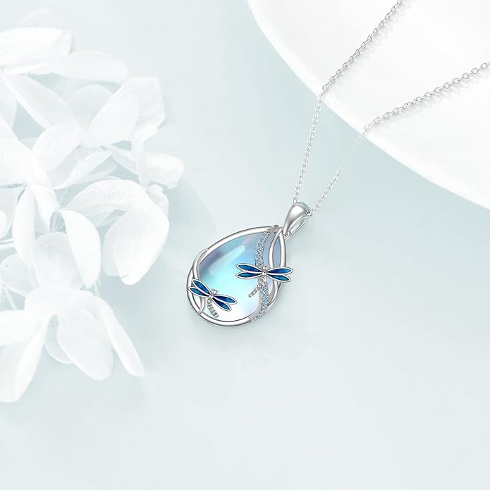 KQF Dragonfly/Butterlfy/Cat/Jellyfish/Bunny/Axolotl/Bee/Mermaid/Hummingbird/Elephant Necklace for Women Sterling Silver Moonstone Pendant Necklace Dragonfly Jewelry Gifts for Women