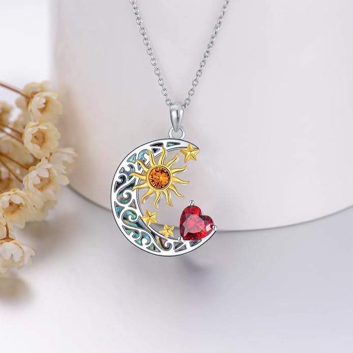 AOBOCO 925 Sterling Silver Sun and Moon Star Pendant Necklace with Simulated Birthstone, Birthday Christmas Jewelry Gift for Women Teen Girls