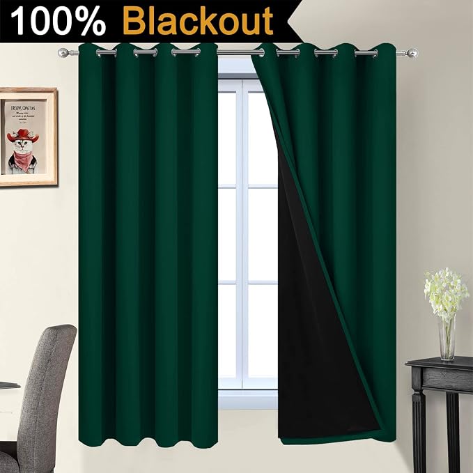 Yakamok Dark Green 100% Blackout Curtains 63 Inches Long 52" Wide 2 Panels | Blackout Curtain Panels for Bedroom, 2 Thick Layers Grommet Top Thermal Insulated Drapes with Black Liner for Living Room
