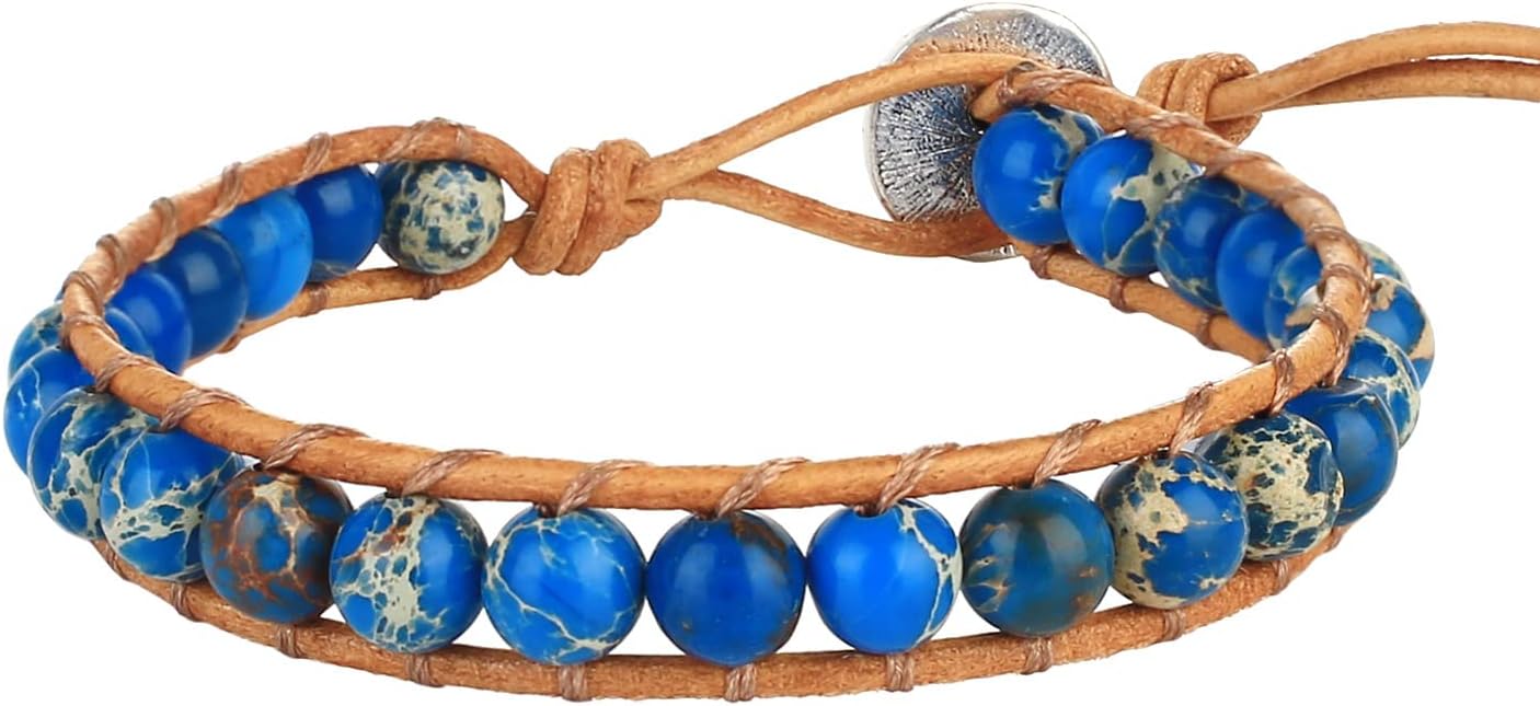 KELITCH Turquoise Mix Beaded Bracelets Single Wrap Bracelet on Brown Leather Handwoven New Jewelry