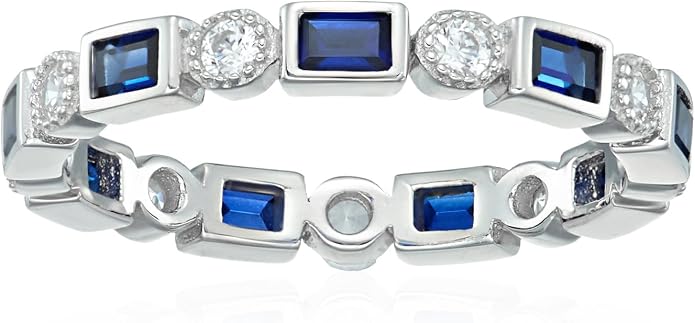 Amazon Essentials Platinum-Plated Sterling Silver Created Gem Eternity Band Ring set with Infinite Elements Cubic Zirconia Accents