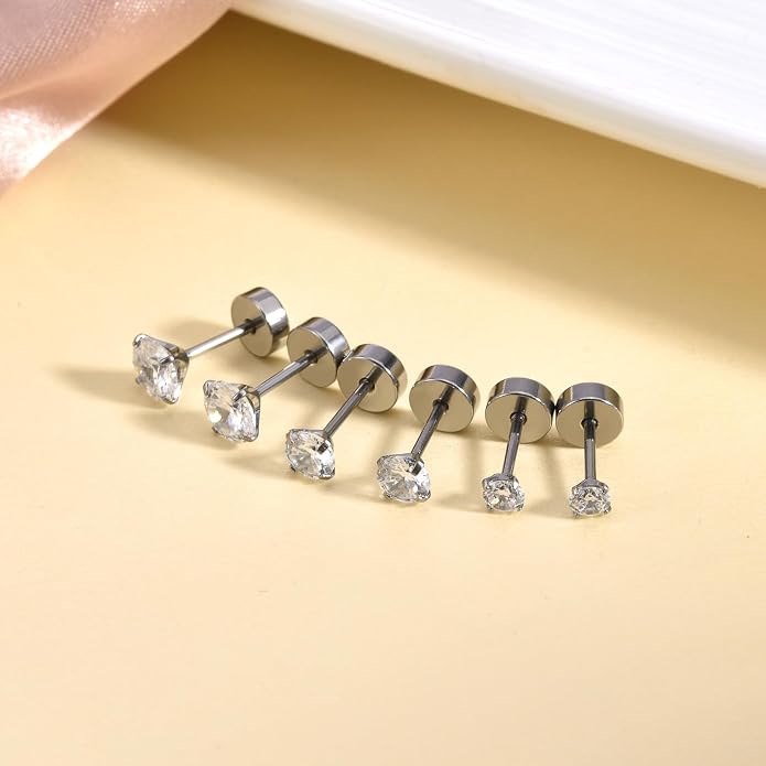 Titanium Earrings for Women Stud Earrings Cubic Zirconia Dainty Screw Flat Back Hypoallergenic Earrings for Women for Multiple Cartilage Helix Conch Tragus Piercing Jewelry for Sensitive Ears