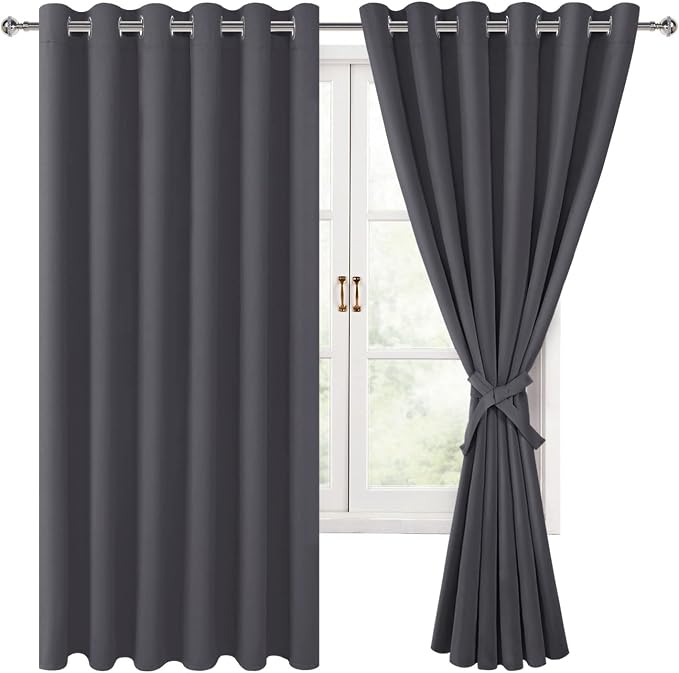 Hiasan Grommet Blackout Curtains for Bedroom, 70 x 63 Inches - Thermal Insulated & Light Blocking Window Drapes for Living Room/Dorm Room, Set of 2 Panels Sewn with Tiebacks, Dark Grey