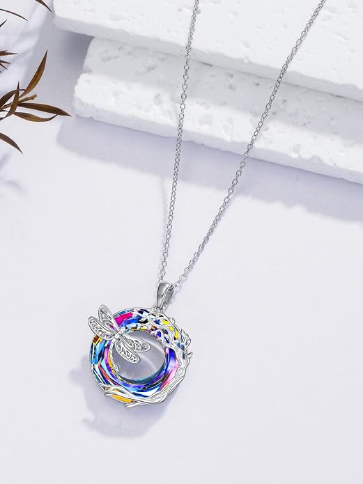 Dragonfly Necklace 925 Sterling Silver Dragonfly/Sunflower Bee Pendant Necklace Dragonfly with Blue Circle Crystal Dragonfly Jewelry Gifts as Holiday Christmas Gifts for Women