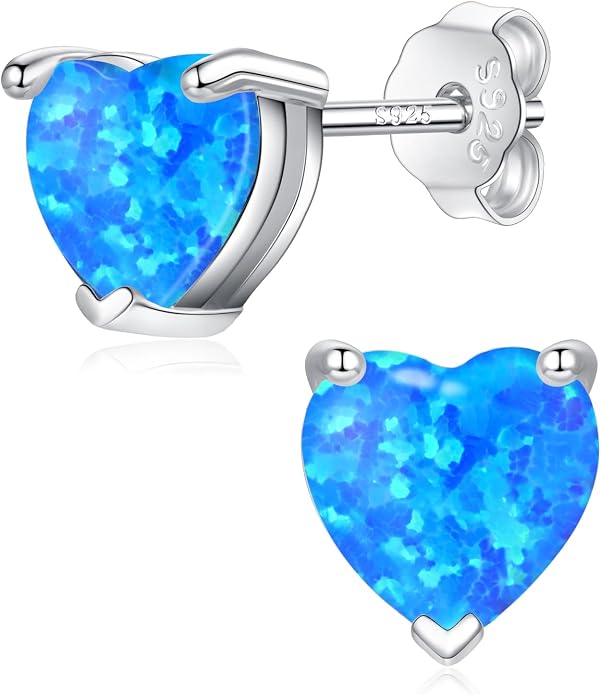 CiNily 925 Sterling Silver Stud Earrings for Women Teen, Heart Opal Stud Earrings, Dainty Cartilage Small Studs for Men, Heart Birthstone Earrings Lightweight Opal Jewelry for Mothers Day Birthday
