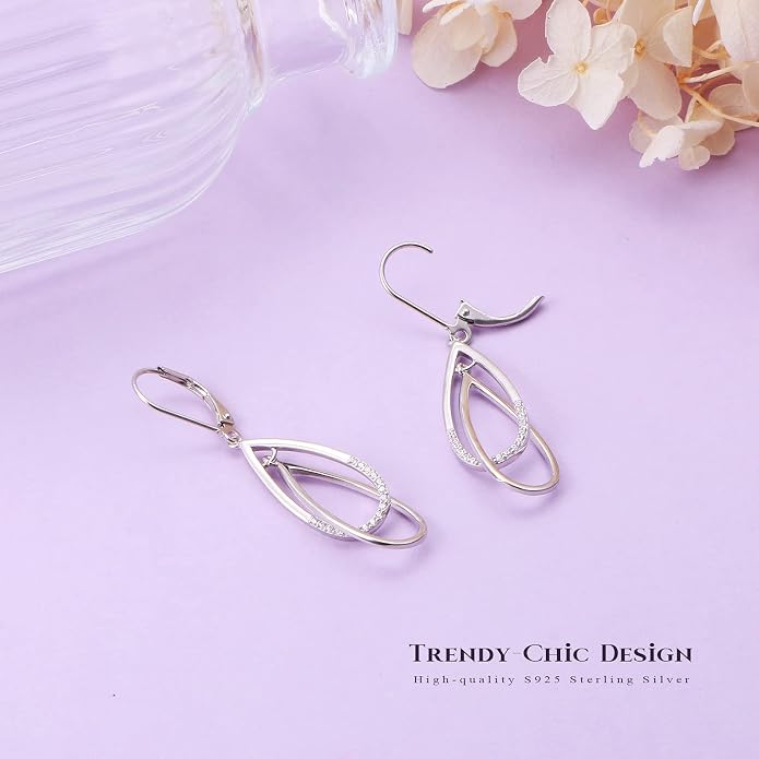 Sterling Silver Leverback Dangle Earrings for Women Teardrop Filigree 14K Gold Plated Dangly Earrings Mother’s Day Gift