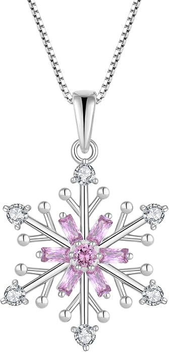925 Sterling Silver Snowflake Necklace Birthstone Snowflake Pendant Necklaces for Women Cubic Zirconia Christmas Jewelry
