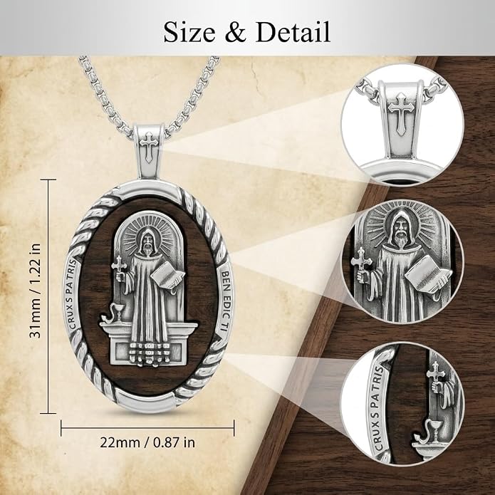 ONEFINITY Wooden Necklace Viking Wolf/St Benedict Medals/St Michael/Crucifix/St Christopher Pendant Necklace for Men Archangel Amulet Wooden Religious Jewelry Gifts for Men Women