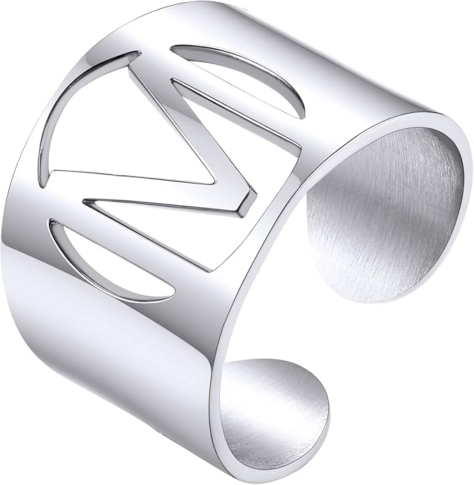 KeyStyle Bold Initial Letter Rings Adjustable, GoldChic Jewelry Women Gold Statement Ring Personalized Engraved Women’s Open Signet Ring for Party (Gold, White Gold, Black)
