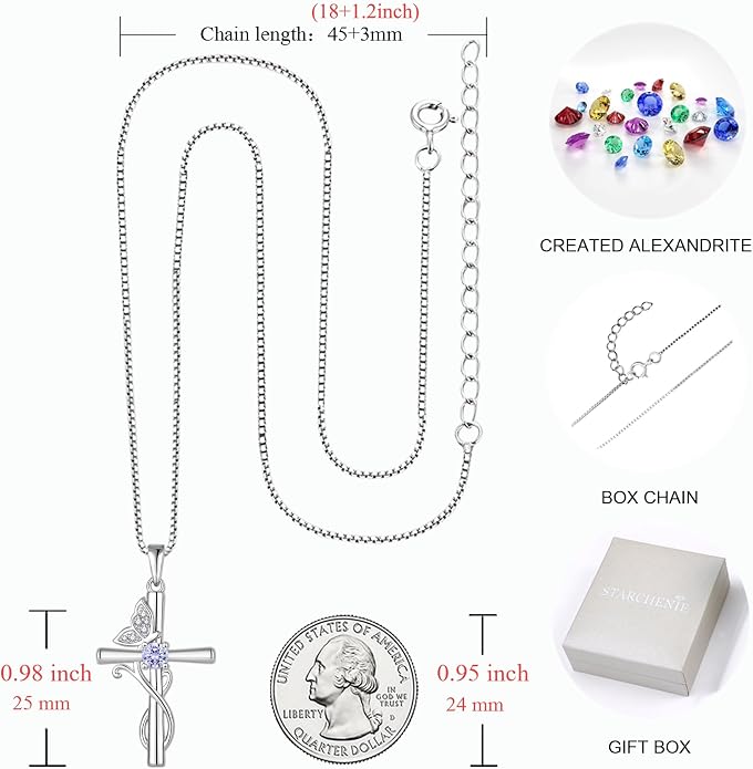 STARCHENIE Butterfly Cross Necklace 925 Sterling Silver Crucifix Pendant Birthstone Jewelry for Women