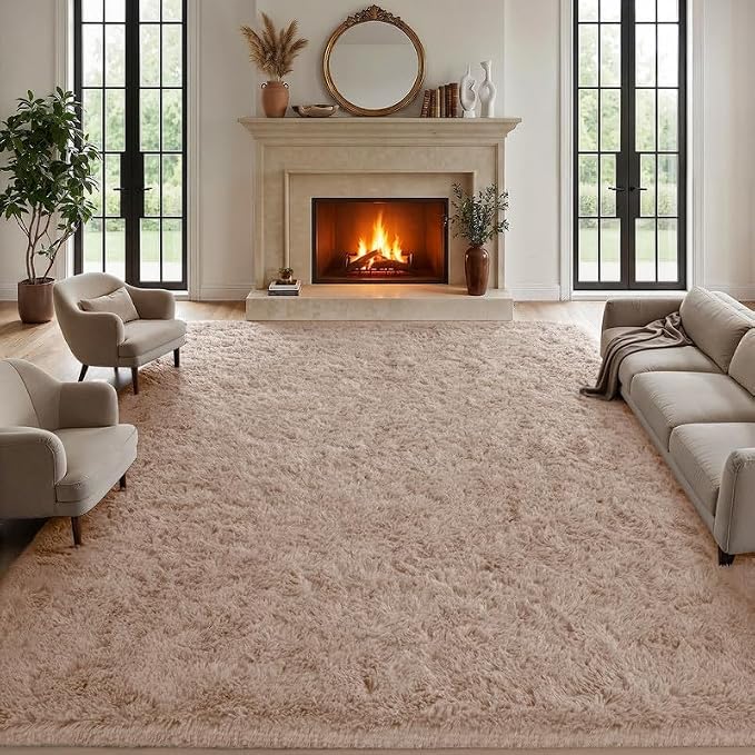 Area Rugs 9x12 Living Room Bedroom: Soft Fluffy Shag Rugs Upgrade Non-Slip High Pile Carpet Large Fuzzy Plush Indoor Floor Shaggy Carpets for Nursery Kid Playroom Office Dorms Home Decor Beige