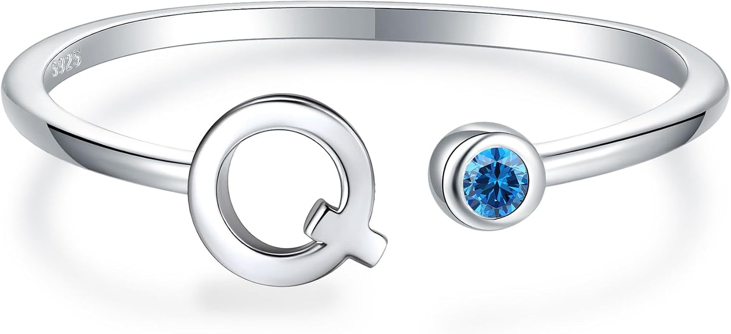 925 Sterling Silver Initial Letter Birthstone Rings for Women Adjustable 1-12 Month Birthstone Alphabet Stacking Ring for Teens Girls Stackable Birthstone Rings Birthday Jewelry Gift for Daughter Mom