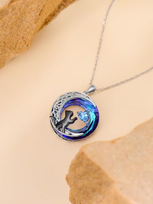 TOUPOP Cat Gifts for Cats Lovers 925 Sterling Silver Black Cat Necklace Celtic Moon Birthstone Jewelry for Women Anniversary Birthday Gift for Her Wife Mom