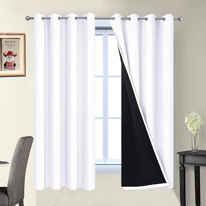 Yakamok Pure White 100% Blackout Curtains 63 Inches Long 52" Wide 2 Panel | Blackout Curtain Panels for Bedroom, 2 Thick Layers Grommet Top Thermal Insulated Drapes with Black Liner for Living Room