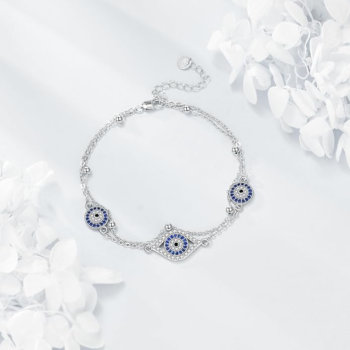 S925 Sterling Silver Evil Eye Anklet for Women, Protection Charm Ankle Bracelet, Adjustable Chain Anklet, Gift for Her