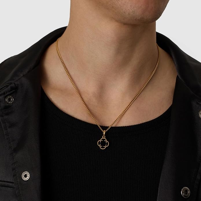 CRAFTD - Black Onyx Clover Stone Pendant Necklace - A Symbol of Luck - 20.5" (2mm) Cuban Link Chain - Mens Jewlery - Hypoallergenic - Waterproof, Heat & Sweat Resistant