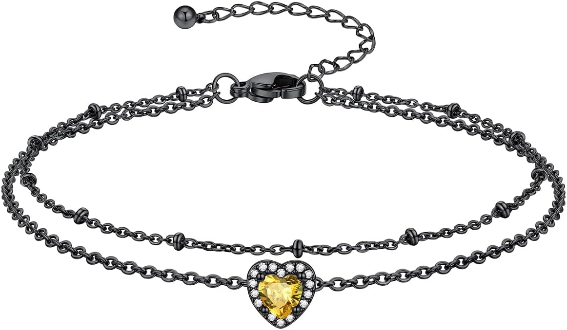 Richsteel Double Layer Heart/Butterfly Birthstone Anklet for Women Non Tarnish Waterproof, Silver/Gold/Black Stainless Steel 8.5-10.5 Inch Adjustable Chain Anklets Jewelry Gifts for Her