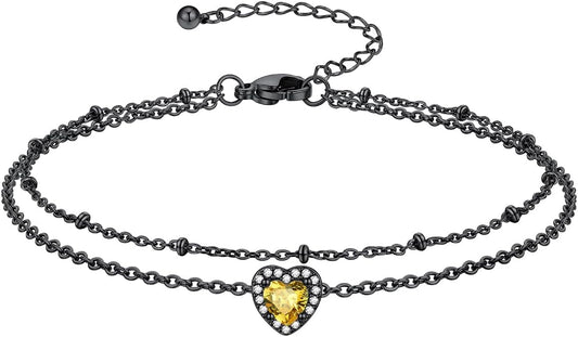 Richsteel Double Layer Heart/Butterfly Birthstone Anklet for Women Non Tarnish Waterproof, Silver/Gold/Black Stainless Steel 8.5-10.5 Inch Adjustable Chain Anklets Jewelry Gifts for Her