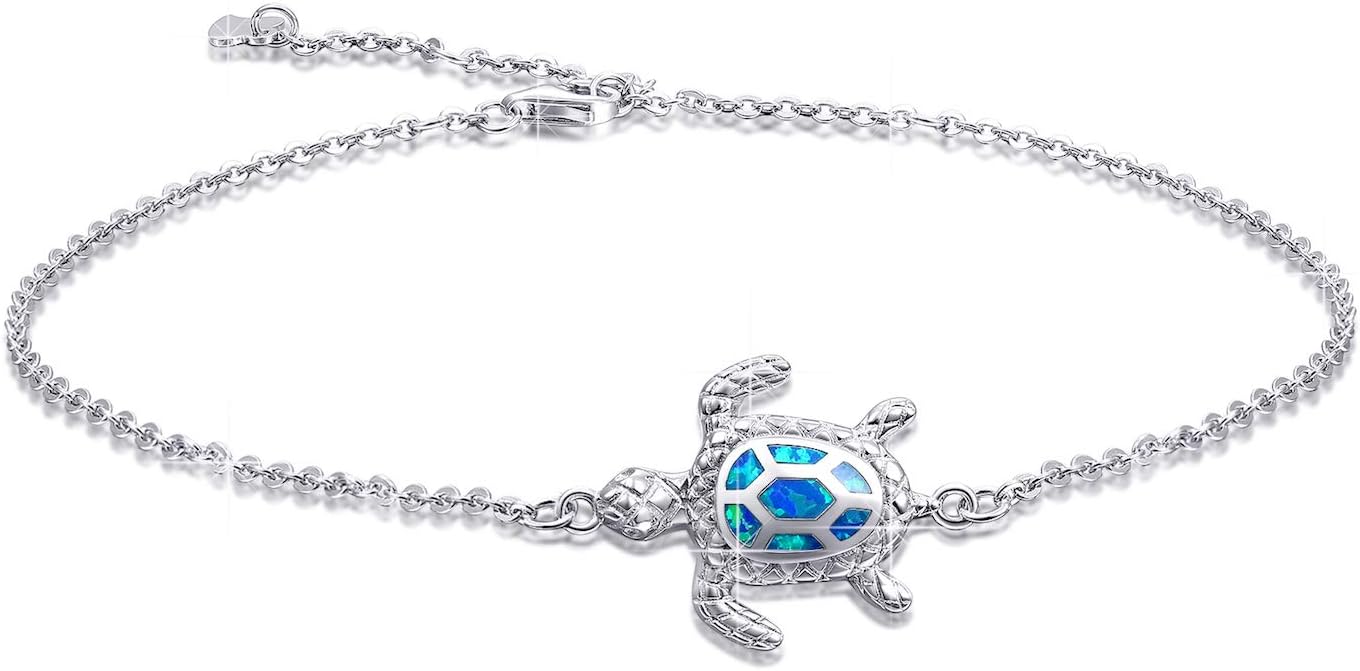 Blue Opal Sea Turtle Ankle Sterling Silver Anklet Fine Jewelry for Women Gifts 4 Level Adjustable Anklet (Large Bracelet)