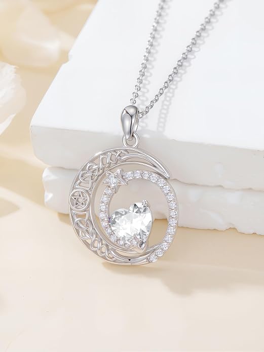 Dorunmo Heart Birthstone Necklace for Women 925 Sterling Silver Moon and Star Pendant Birthday Jewelry Gifts for Wife Her Daughter Mom
