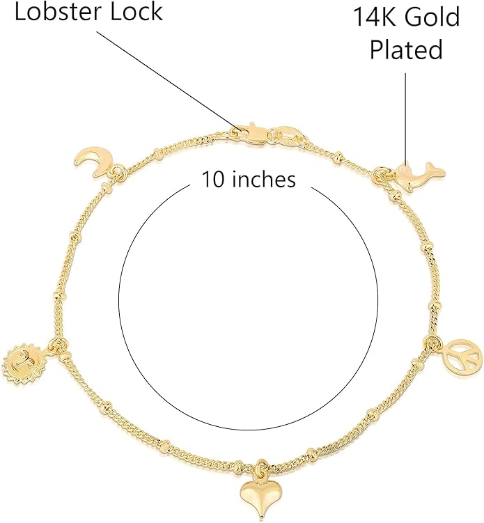 Savlano 14K Gold Plated 10 Inches Pendant Charm Chain Summer Anklet for Women Comes With a Gift Box