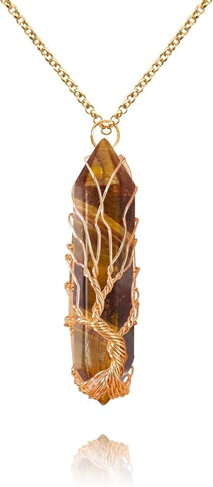 VIBILIA Healing Crystal Necklace Tree of Life Wire Wrapped Natural Stone Point Pendant Necklace Hexagonal Reiki Spiritual Quartz Gemstone Jewelry for Women Men