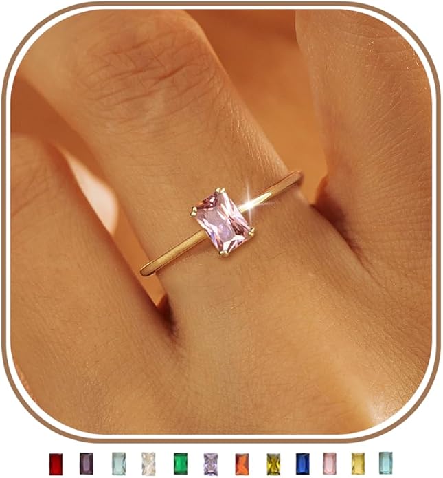 KAERUN Gold Birthstone Rings for Women Non Tarnish 14K Gold Plated Stackable CZ Thumb Eternity Rings Dainty Emerald Green Gemstone Engagement Ring for Mother Lover Birthday Jewelry Gifts Size 6-10