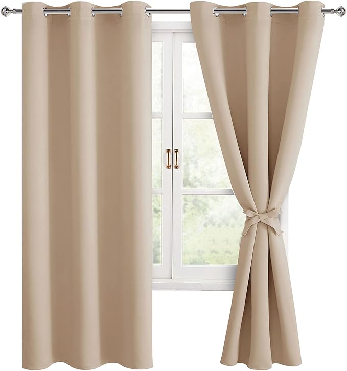 Hiasan Blackout Window Curtain Panels, Thermal Insulated, Light Blocking, Noise Reducing Room Darkening Curtains, Sewn with Tiebacks, Set of 2, Grommet Top (Beige, Width 38 Inch x Length 72 Inch)