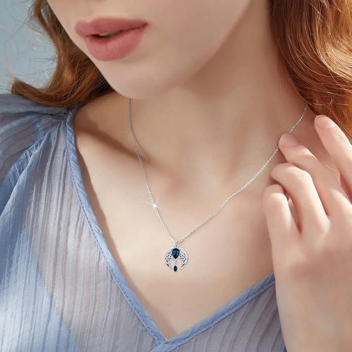 AOBOCO Sterling Silver Celtic Crescent Moon Goddess Pendant Irish Good Luck Necklace with Birthstone Crystal, Celtic Moon Jewelry Gift for Women Mom Wife