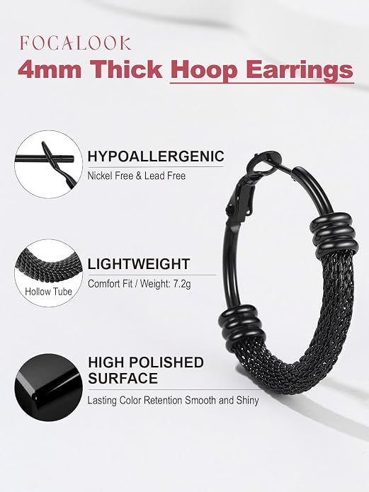 FOCALOOK 14K Gold Plated Hoop Earrings, Lightweight Hypoallergenic Large Stainless Steel Black Hoops Earrings for Women 20/30/40/50/60/70/80mm