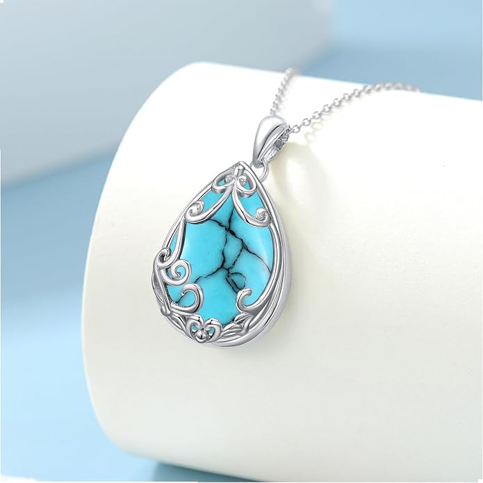 HPQQ Teardrop Necklace 925 Sterling Silver Filigree Gemstone Pendant Necklace Fine Jewelry Birthday Mother's Day Gifts for Women Her Mom