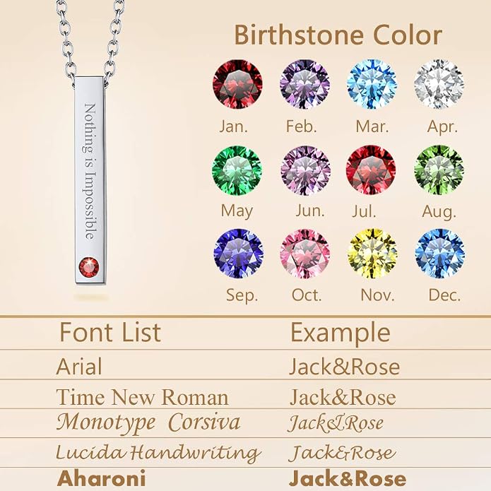 Custom4U Personalized Birthstone Bar Necklaces for Women, Custom Handmade Silver/Black/Gold Vertical Bar Pendants with 1-3 Names Engraved,Unique Memorial Necklace for Her